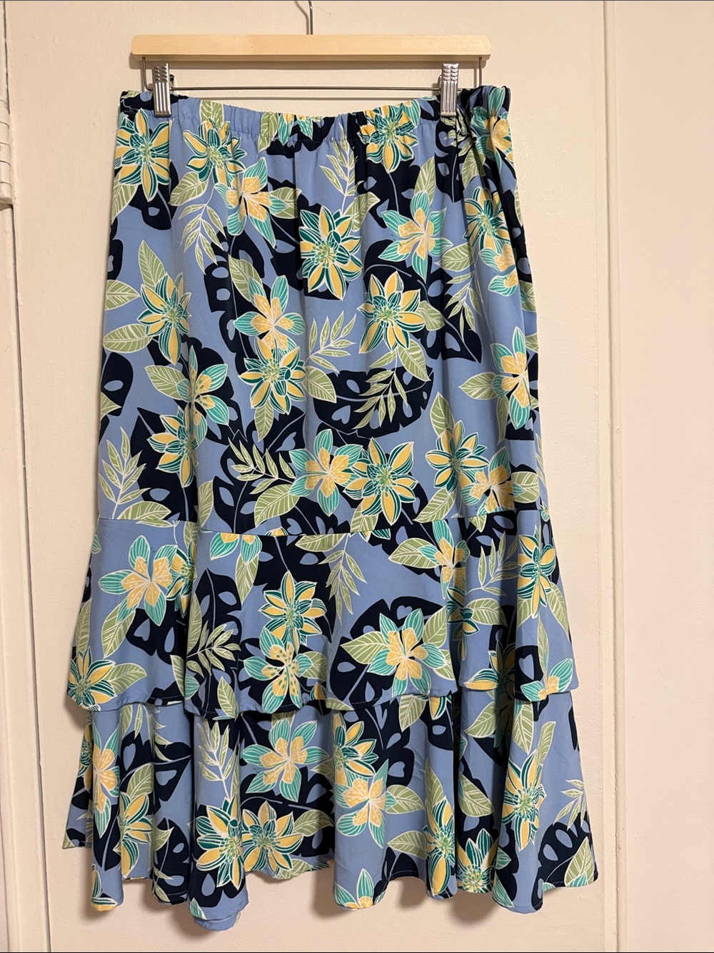 Sag Harbor Light Blue Floral Tiered Maxi Skirt